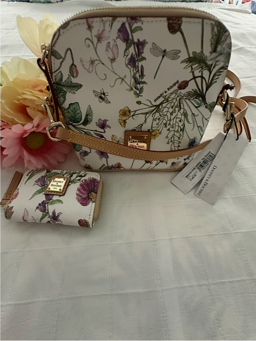 Dooney & Bourke White Floral Crossbody with Tan Trim and Matching Wallet
